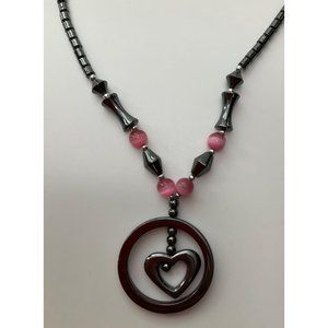 Vintage Handmade Hematite Necklace Heart Pendant Metallic gray and Pink
